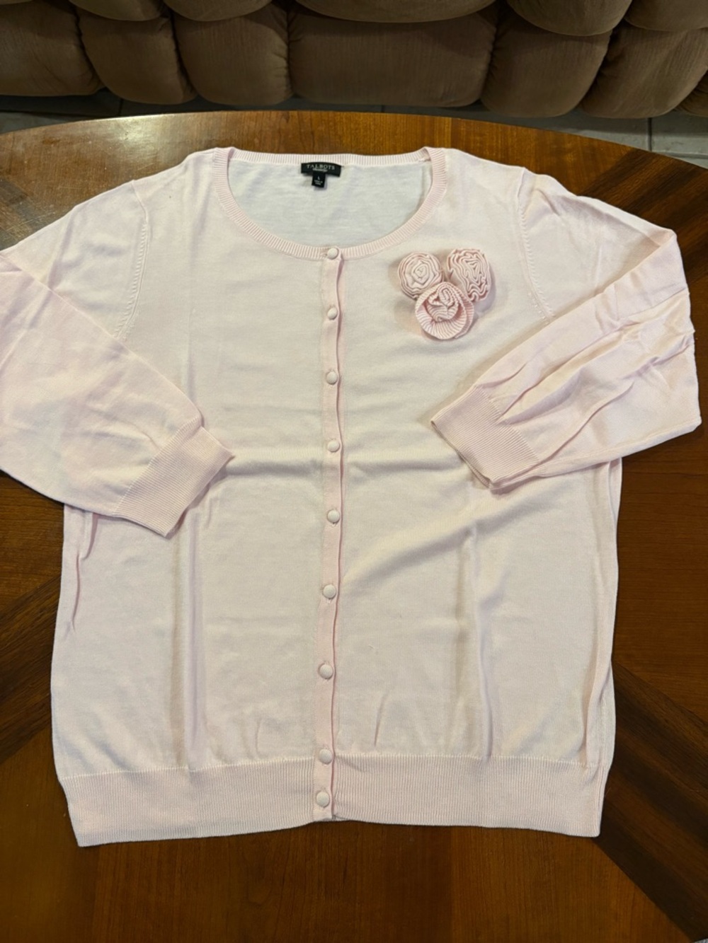 Talbots Women’s Light Pink Button-Front Women's Cardigan with Rosette Detail